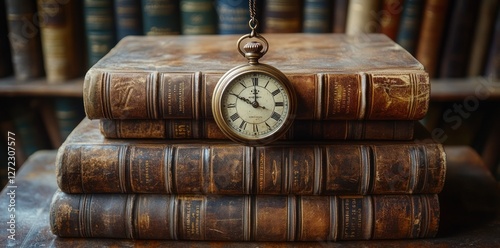 Antique Pocket Watch Hanging on Vintage Leather-Bound Books in Soft Focus, Symbolizing Time and Nostalgia