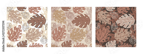 Exotic tropical plants, spots and abstract shapes. Contemporary seamless pattern set. Trendy mocha mousse palette. Vector illustration. Modern Art design. For paper, cover, fabric, interior decor