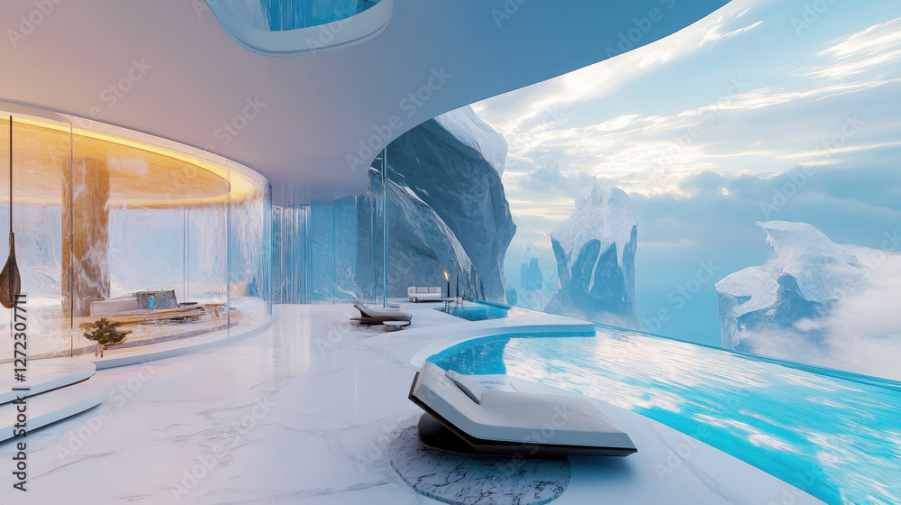 Fototapeta premium A modern luxury villa with curved architecture, glass walls, and an infinity pool overlooking a surreal icy landscape with floating ice formations and a bright sky.