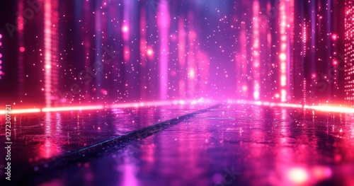 Futuristic Neon Landscape with Vibrant Purple Light Beams in Cyberpunk Style