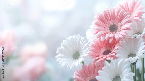 Soft pastel background with white and pink gerbera daisies forming a subtle floral frame, open space for text in the center, elegant and fresh ambiance, high-quality details