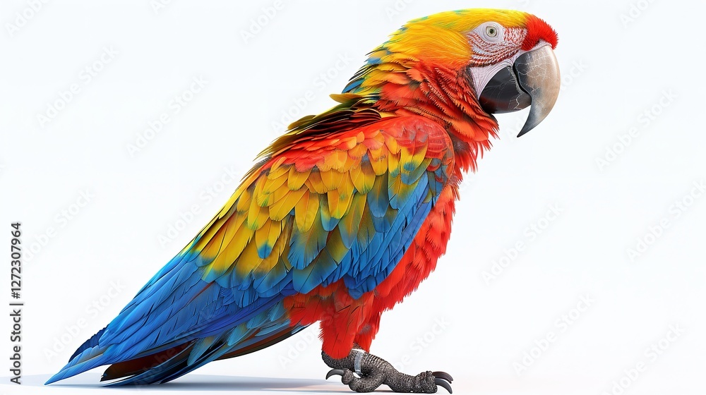 Obraz premium Vibrant Macaw Parrot Perched with Wings Open on White Background with Copy Space