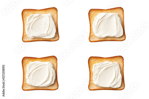 Four slices of toast with white spread on them, isolated