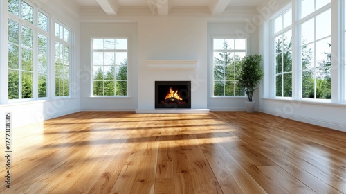 Sunlit living room with hardwood floors, a fireplace, and large windows offering a view of lush greenery.