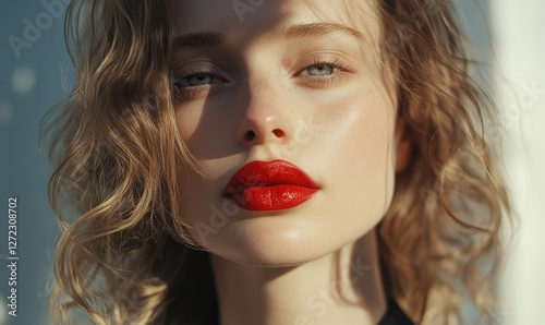 Close-up portrait of a confident woman with bold red lipstick and wavy hair, warm sunlight casting soft shadows, enhancing her striking feature