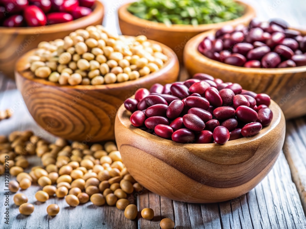 Long Exposure Photo of Soybeans and Red Beans in Wooden Bowls on White Background Long Exposure Photo of Soybeans and Red Beans in Wooden Bowls on White Background