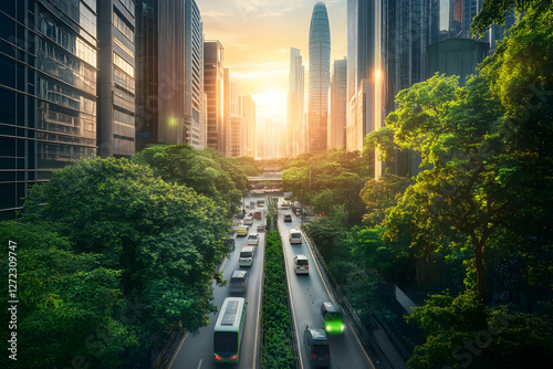 Futuristic smart city powered by green energy and sustainable mobility solutions