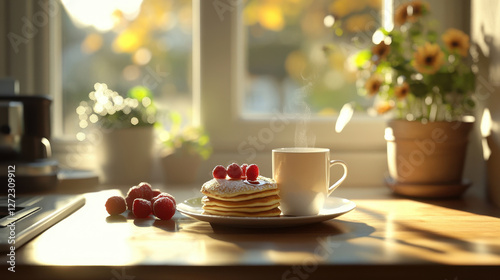 Wallpaper Mural A cozy Sunday morning features a delightful breakfast of pancakes topped with fresh raspberries, accompanied by a hot cup of coffee, all set by a sunlit window with greenery Torontodigital.ca