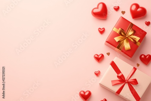 Red Gifts and Hearts on Pink Background