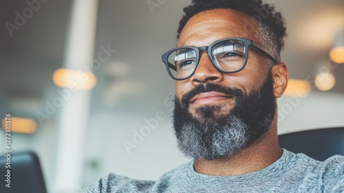 Thoughtful African American man with glasses in a modern office setting.  He appears pensive and content.