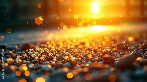 Golden Sunset Spectacle: Sparkling Beads on Pebbles