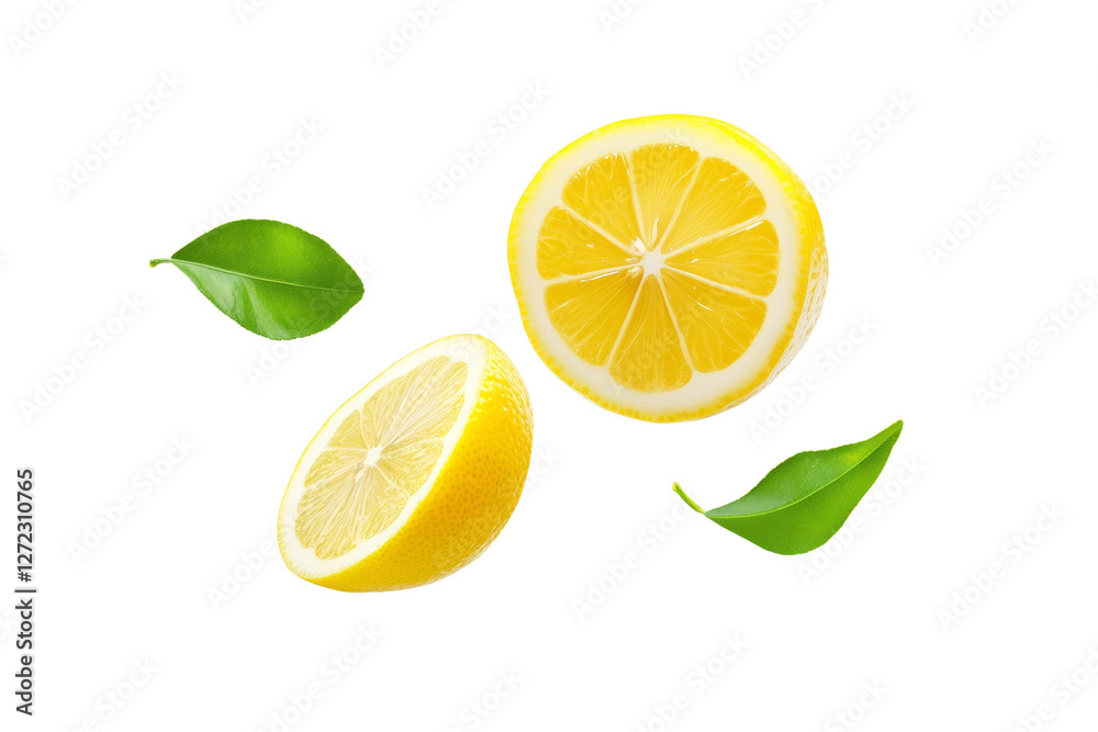 Slice of lemon is shown with its peel and a leaf, isolated Slice of lemon is shown with its peel and a leaf, isolated