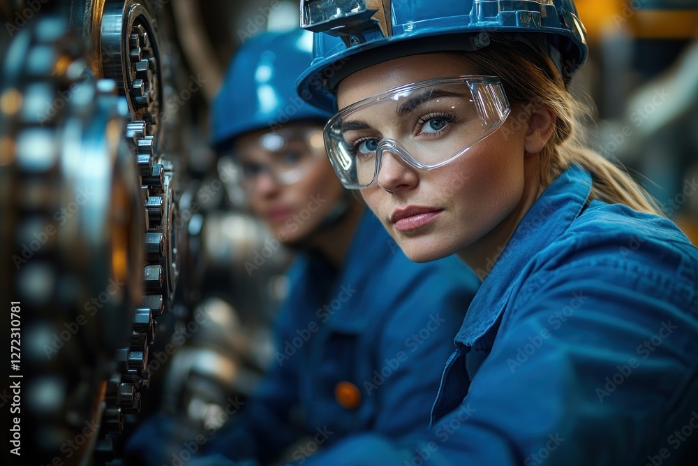 Workers in Blue Uniforms and Safety Helmets Operating Machinery in Industrial Factory Setting Workers in Blue Uniforms and Safety Helmets Operating Machinery in Industrial Factory Setting