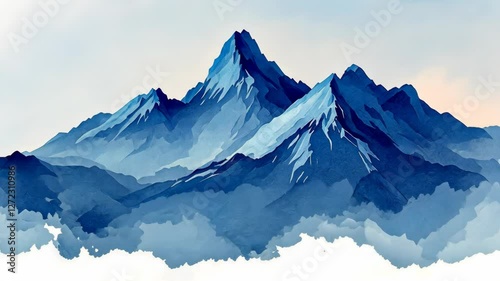 Majestic Blue Mountains Enveloped in Mist: A Serene Watercolor Landscape