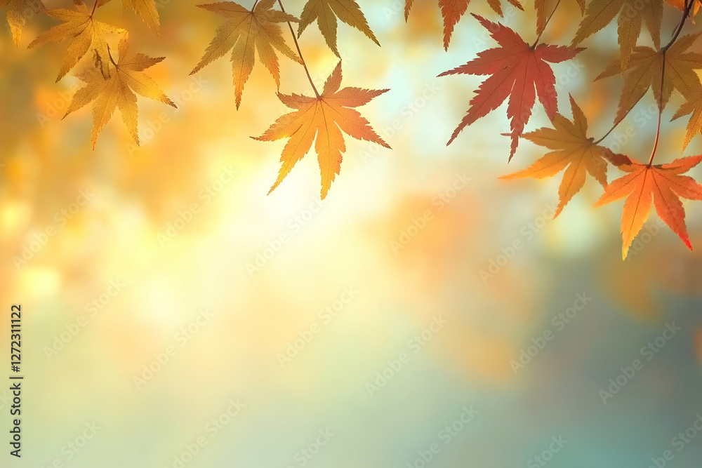Golden autumn maple leaves with a softly blurred forest in the background Golden autumn maple leaves with a softly blurred forest in the background