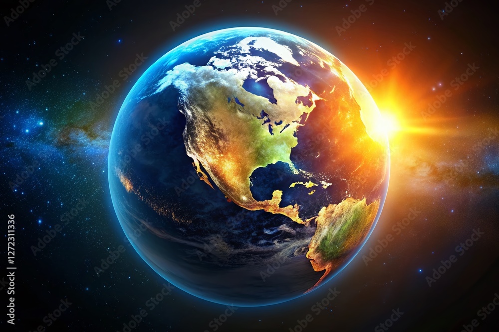 Fototapeta premium Long Exposure Satellite View of North America & USA, Sunrise/Sunset Earth Map