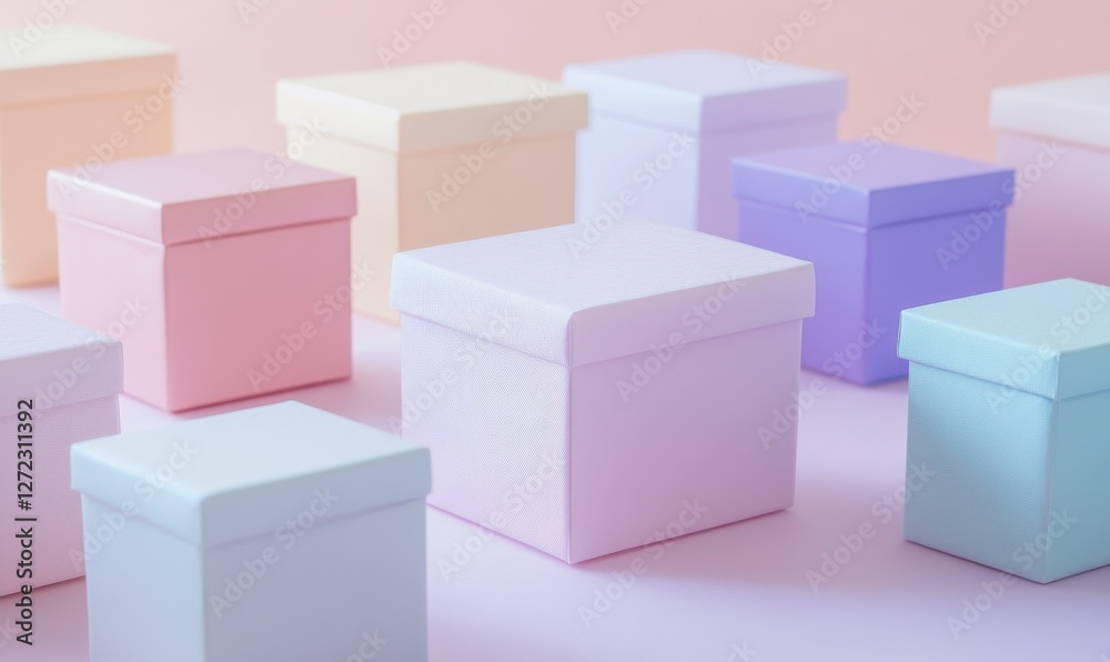 Fototapeta premium Colorful pastel boxes arranged on a light pink background surface.