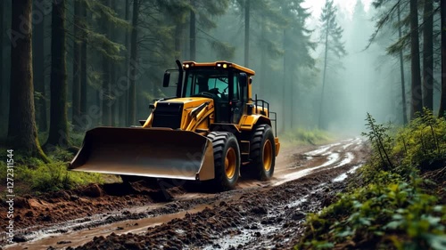 Yellow Tractor on a Muddy Forest Road