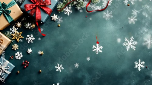 Festive Christmas Gift Background: Teal, Presents, Snowflakes