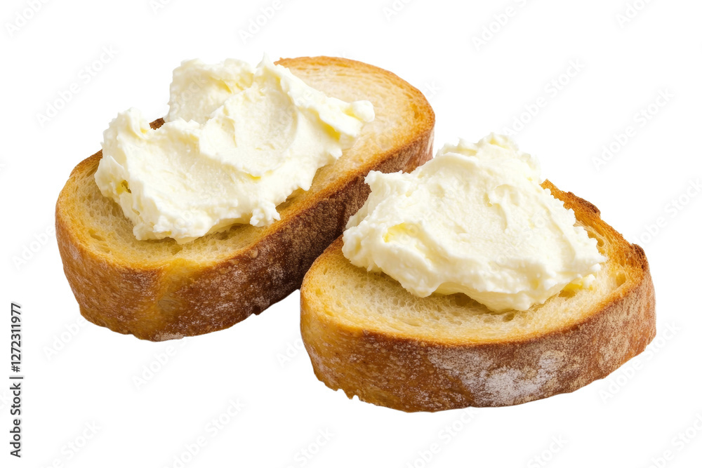 Two slices of bread with white butter on top, isolated Two slices of bread with white butter on top, isolated