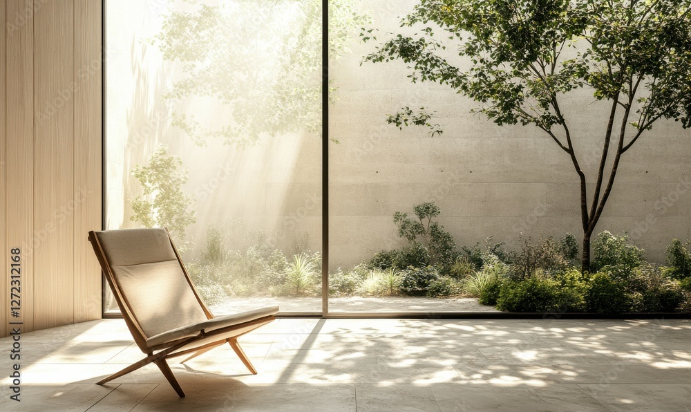 Modern minimalist room with a wooden chair placed near a large window, soft natural light filling the room, warm and peaceful vibe, clean lines Modern minimalist room with a wooden chair placed near a large window, soft natural light filling the room, warm and peaceful vibe, clean lines
