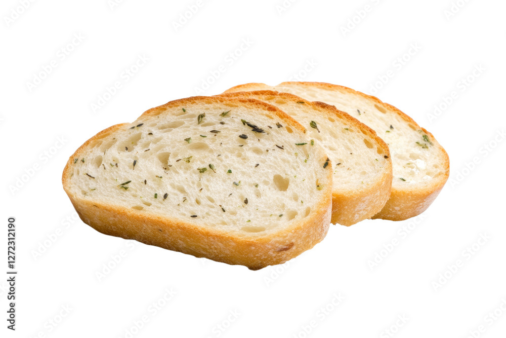 Three slices of bread with herbs on top, isolated Three slices of bread with herbs on top, isolated