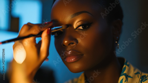 In a cozy, dimly lit space, a blind woman skillfully applies makeup with precision, showcasing inner strength and creativity. Her focus challenges conventional beauty norms