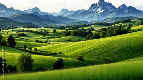 Serene Mountain Landscape: Rolling Green Hills and Majestic Peaks
