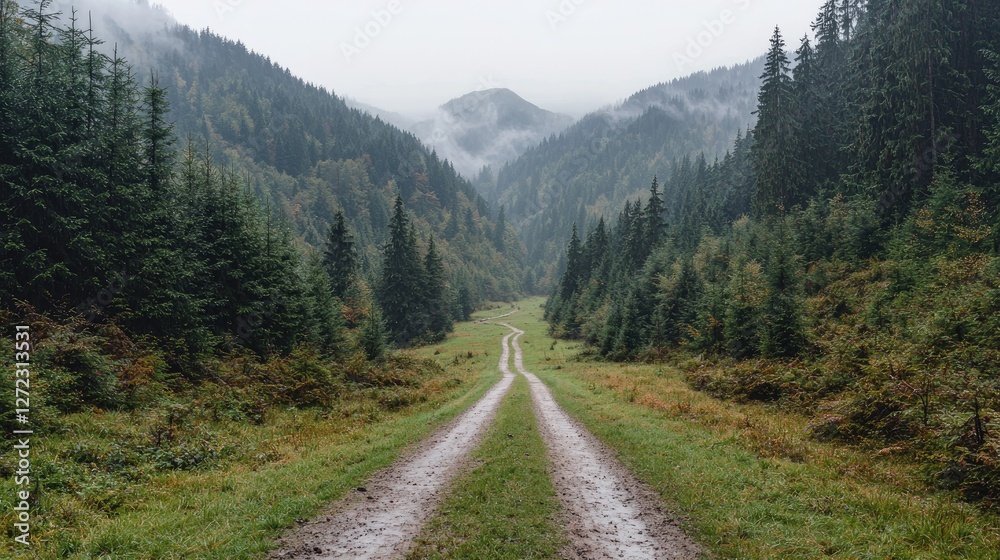 Fototapeta premium Misty mountain road, autumn valley, trees, fog. Use Travel brochure