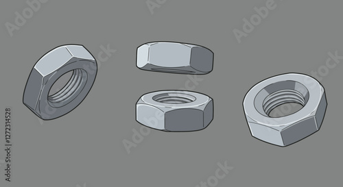 Detailed representation of mechanical nuts in flat vector art style showcasing various angles and perspectives vector illustration