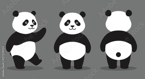 Cute panda character design in flat style showcasing three different poses vector illustration