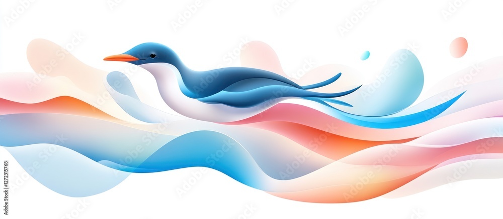 Penguin Soaring Through Abstract Colorful Waves Penguin Soaring Through Abstract Colorful Waves