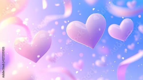 Glossy pink and purple hearts float in a soft blue sky