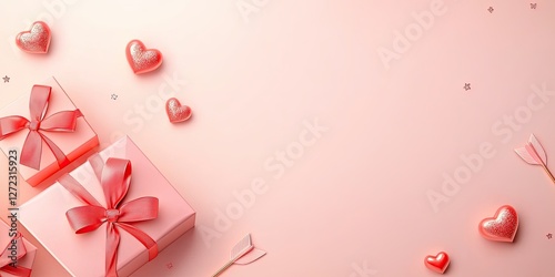 Pink valentines gifts hearts and arrows on a pink background