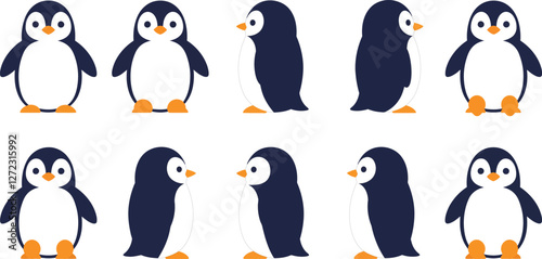 Cute penguins in various poses illustrated in flat vector art style showcasing playful movements and expressions vector illustration