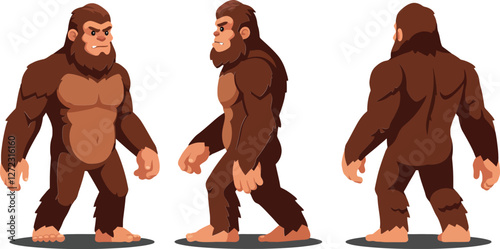 Detailed depiction of a strong ape character in flat vector art style showcasing three angles