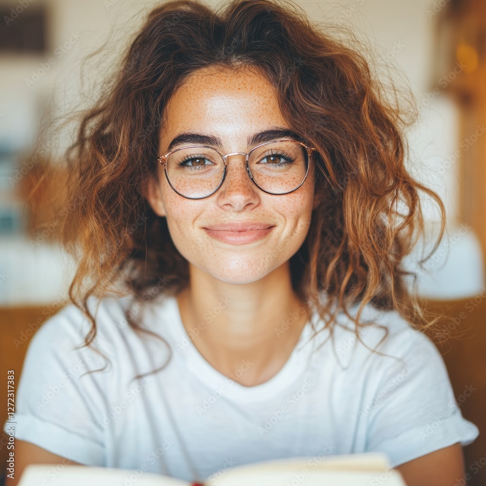 Obraz premium Young woman with curly hair and glasses smiles gently while holding a book. Soft, natural light illuminates her face, creating a warm and inviting mood.