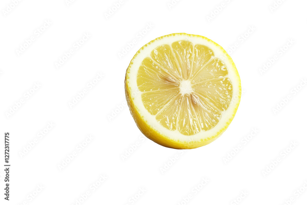 Slice of lemon is shown on a white background, isolated Slice of lemon is shown on a white background, isolated