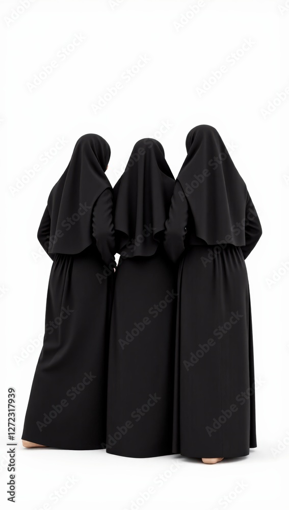 Three Mature Women in Black Traditional Attire Standing Back to Back, Emphasizing Cultural Heritage and Solidarity in a Neutral Studio Environment Three Mature Women in Black Traditional Attire Standing Back to Back, Emphasizing Cultural Heritage and Solidarity in a Neutral Studio Environment