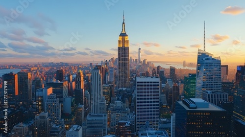 Stunning Aerial View of Manhattan Skyline at Sunset in New York City