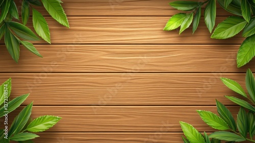 Lush Green Leaves Frame Wooden Background