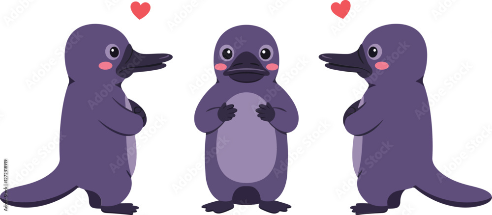 Obraz premium Cute purple platypus characters in minimal flat design vector art