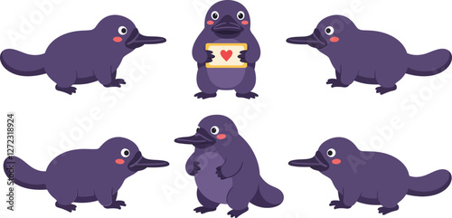 Cute purple platypus characters engaging in playful actions in flat vector art