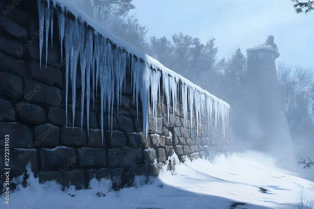 Icicles forming along a frozen ledge, highlighting the beauty of winter Icicles forming along a frozen ledge, highlighting the beauty of winter