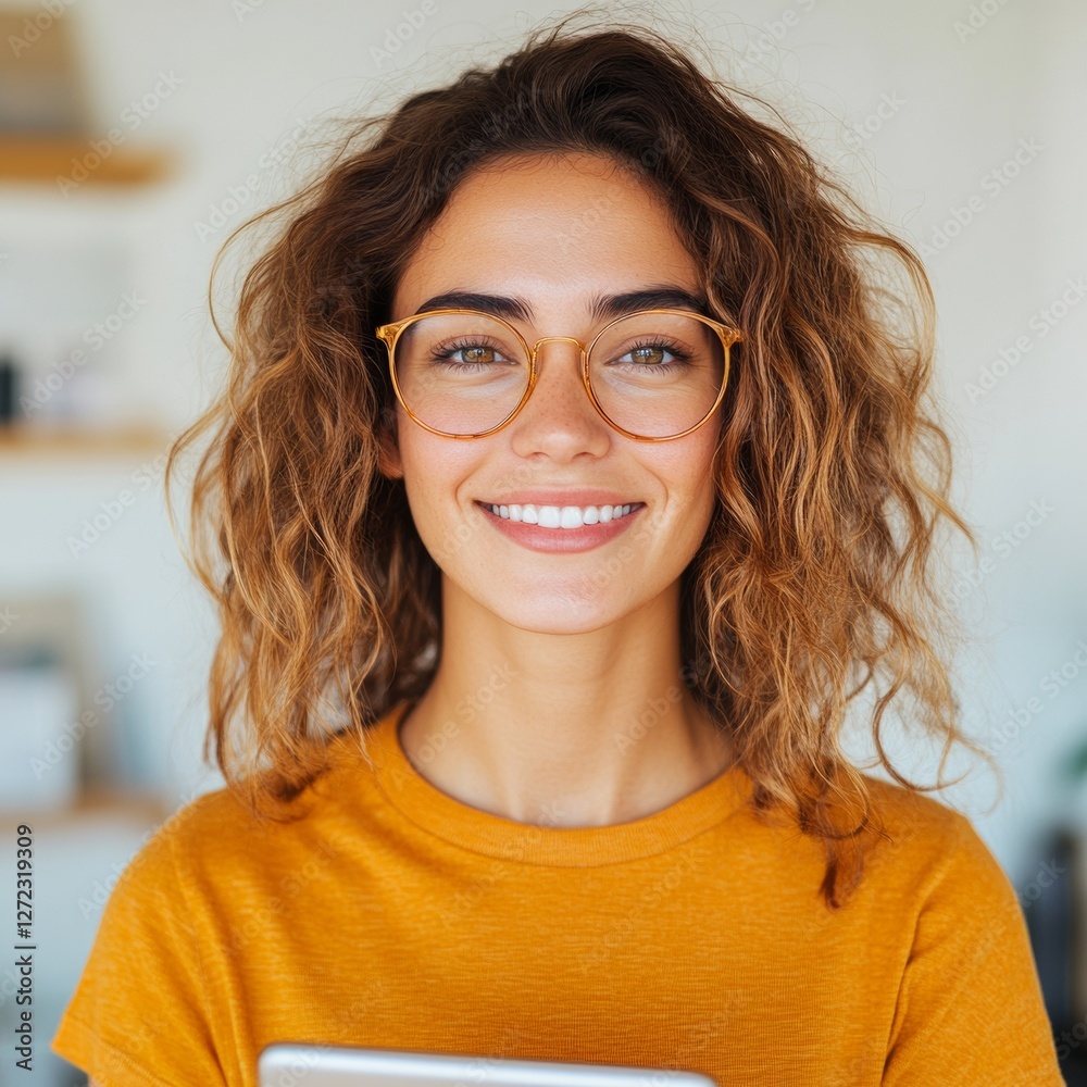 Obraz premium Young woman with curly hair and glasses smiles warmly. Positive and approachable, she exudes confidence.