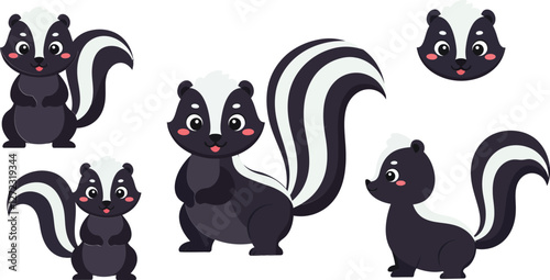 Cute skunks in playful poses with flat design style vector art