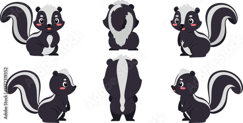 Cute cartoon skunks showing playful expressions in minimal vector illustration