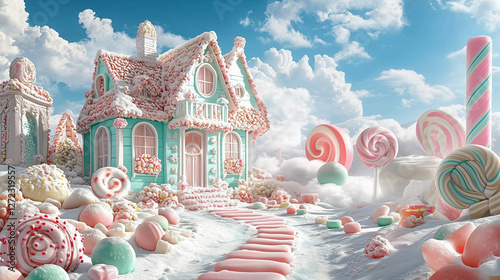 Whimsical candy land with cute house, lollipops and sweets under a blue sky