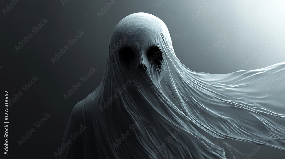 A ghostly figure with flowing white fabric and dark hollow eyes moving through darkness creating a haunting supernatural and eerie presence
A ghostly figure with flowing white fabric and dark hollow eyes moving through darkness creating a haunting supernatural and eerie presence
