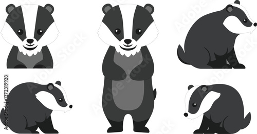 Badger character design in flat style showcasing different poses and expressions vector illustration